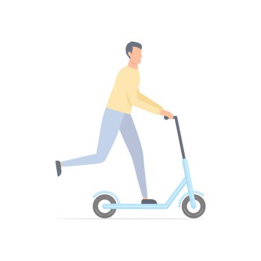  Scooter 'daki genç yakışıklı adam. Elektrikli scooter kullanan çizgi film karakteri. Sağlıklı yaşam tarzı kavramı. 