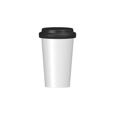  Kahve fincanı 3D ikonu. Kağıt ya da plastik kupa. Vektör illüstrasyonu beyazda izole edildi.