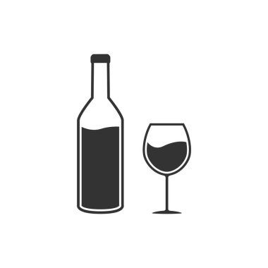 Şişe ve bir kadeh şarap silueti. Alkol, şekil elementleri içerir. Vektör illüstrasyonu beyaz arkaplanda izole edildi