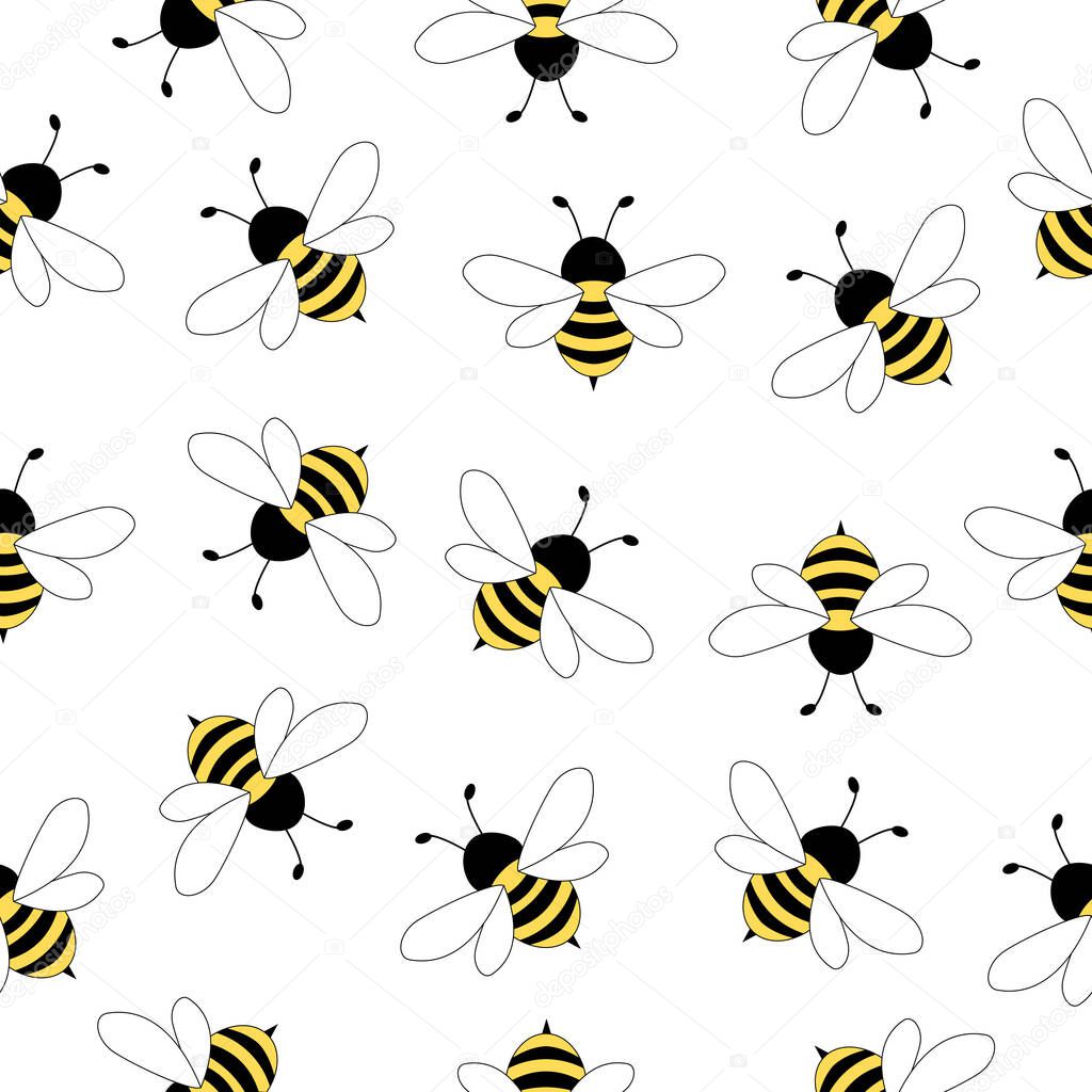 Seamless pattern with flying bees. Vector cartoon black and yellow bees isolated on white background.