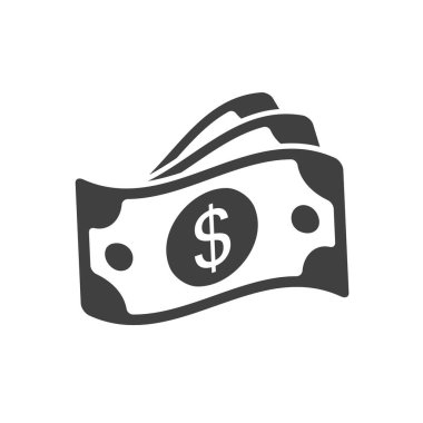 Dolar nakit ikonu. Para birimi sembolü. Siyah para silueti düz stil. Vektör illüstrasyonu beyaz arkaplanda izole edildi.