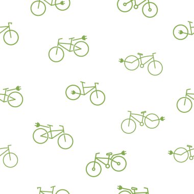 Elektrikli bisikletle kusursuz desen. Fiş arkaplan ile Geen çevre bisikleti. Düz çizgi vektör çizimi beyaz üzerine izole edildi