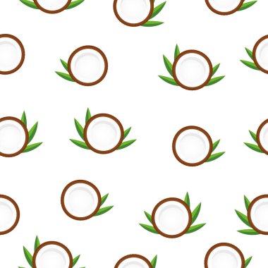  Hindistan cevizli ve yapraklı kusursuz desen. Lezzetli hindistan cevizli beyaz arka plan. Vektör yaz illüstrasyonu