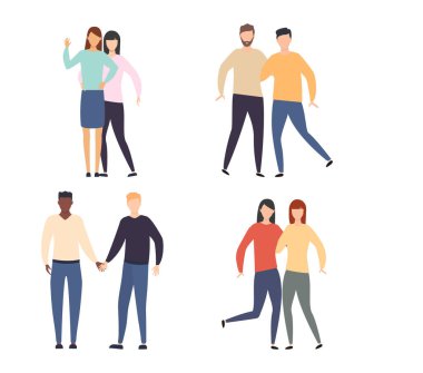 LGBT çifti hazır. Genç çok kültürlü kızlar ve birbirine aşık oğlanlar. Romantik lezbiyen ve eşcinsel ilişkileri. Transseksüel ve homoseksüel insanlar koleksiyonu. Vektör illüstrasyonu beyazda izole edildi. 