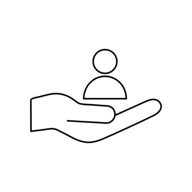 Ellerinde insan çizgisi simgesi var. Müşteri hizmetleri desteği. Patron kolunda kullanıcı doğrusal sembolü. Beyaz üzerine izole vektör