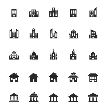 Bina simgesi büyük seti. Bina ve emlak sembolü siyah siluet koleksiyonu. Vektör beyazda izole edildi