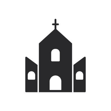 Kilise ikonu. Kutsal bina silueti tabelası. Kilise siyah sembolü özetliyor. Vektör beyazda izole edildi.