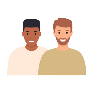 Homoseksüel LGBT geyleri. Birbirine aşık iki genç çok kültürlü çocuk. En iyi arkadaşlar avatardır. Transseksüel aile kavramı. Eşcinsel ilişki vektörü illüstrasyonu beyaza izole edildi.