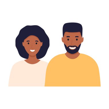  Mutlu genç Afrikalı erkek ve kadın birlikte duruyor. Hoş, olgun bir Amerikan çifti. Aile düz çizimi. Kız ve erkek kardeş. Karı koca gülümsüyor. Vektör beyazda izole edildi