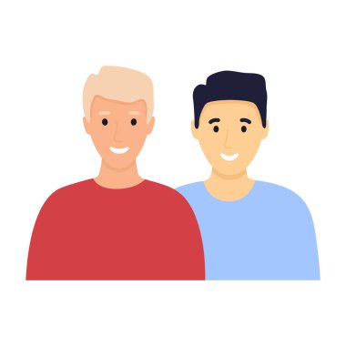 Homoseksüel LGBT geyleri. Birbirine aşık iki genç çok kültürlü çocuk. En iyi arkadaşlar avatardır. Transseksüel aile kavramı. Eşcinsel ilişki vektörü illüstrasyonu beyaza izole edildi.