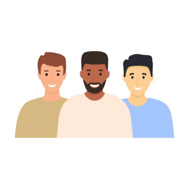 Çeşitli gülümseyen adamlar. İnsanlar etnik çeşitliliğe sahip. Erkek avatar simgesi. Bir grup Avrupalı, Afrikalı ve Asyalı. Günlük giysiler giyiyorum. İnsan portreleri. Üç meslektaş bir arada. Vektör izole edildi