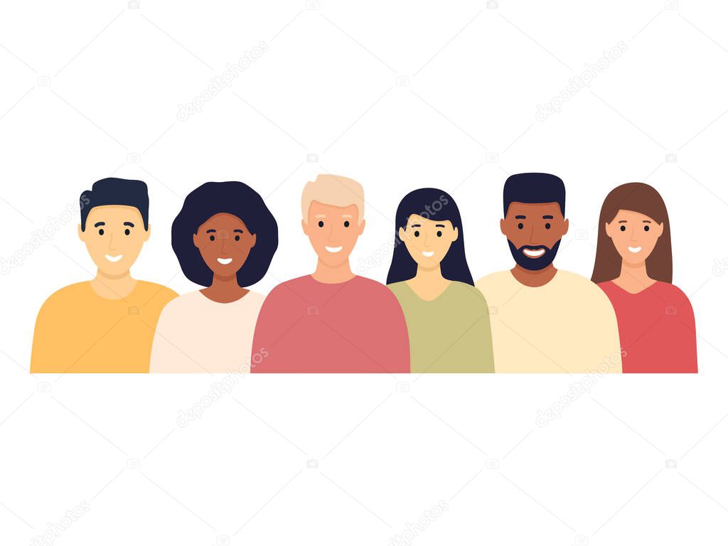 Multicultural smiling people team set. Human communications and relationship concept. Diverse happy business men and women avatar icon. Flat design people characters. Vector isolated on white