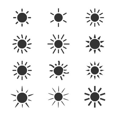 Güneş ikonu ayarlandı. Siyah güneş siluet grubu. Sıcak hava sembolü koleksiyonu. Vektör beyazda izole edildi