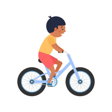 Mutlu şirin Afrikalı çocuk bisiklete biniyor. Sağlıklı yaşam tarzı kavramı. Siyah tenli küçük çocuk bisiklete biniyor. Vektör beyazda izole edildi