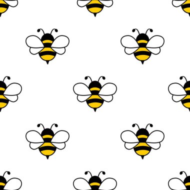 Uçan arılı kusursuz desen. Vektör Karikatür Siyah ve sarı arılar beyaz arkaplanda izole.