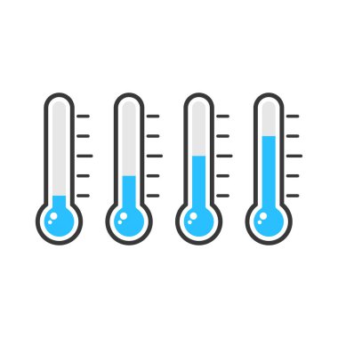 Termometre simgesi ayarlandı. Ölçüm aleti. Mavi cıvalı hava termometresi. Farklı soğuk sıcaklıkta tıbbi bir cihaz. Vektör illüstrasyonu beyazda izole edildi.