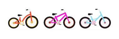 Çocuklar bisiklet seti. Farklı bisikletlerin renkli koleksiyonu. Çeşitli renkli çocuk bisikleti grupları. Vektör illüstrasyonu beyazda izole edildi
