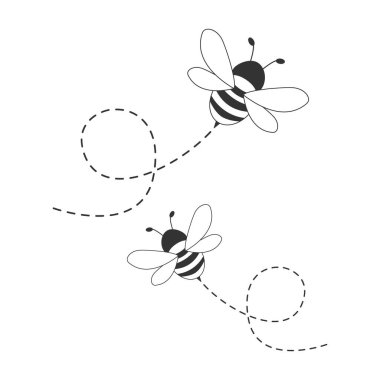Noktalı bir yolda uçan arı. Siyah beyaz arı karakterleri. Beyaz arkaplanda izole edilmiş vektör