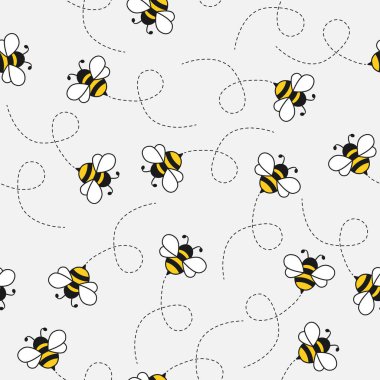 Seamless pattern with flying bees on a dotted route. Vector cartoon black and yellow bees isolated on gray background. 