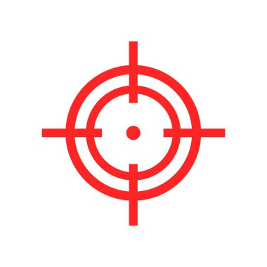 Crosshair ikonu. Kırmızı hedef sembolü. Keskin nişancı dürbünü işareti. Vektör beyazda izole edildi