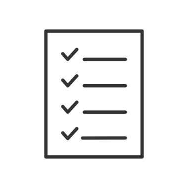 Kontrol listesi simgesi. Pano doğrusal vektör illüstrasyonunu onayla. İşaretleme satırı belge simgesini kontrol et. Doğrulanmış bilgi. Beyazda izole edilmiş. 