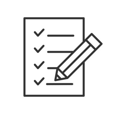 Kontrol listesi simgesi. Pano doğrusal vektör illüstrasyonunu onayla. İşaretleme satırı belge simgesini kontrol et. Doğrulanmış bilgi. Beyazda izole edilmiş. 