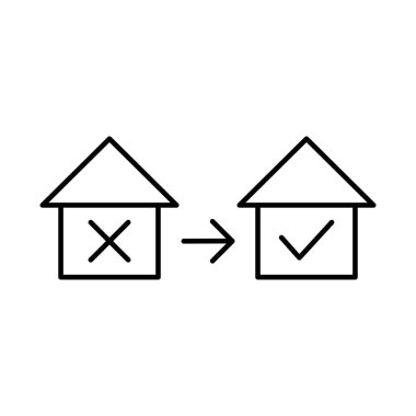 İşaretli ev evet ve hayır simgesi. İpotek doğrusal işareti. Onaylama ve reddedilme daire sembolü. Konut ve yerleşim dışı gayrimenkul kavramı. Vektör beyazda izole edildi.