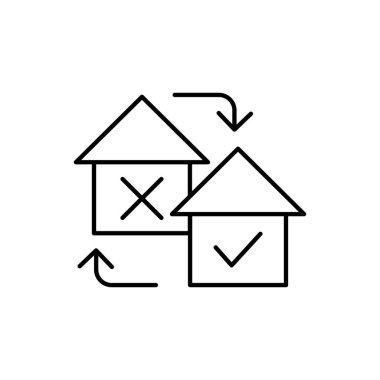 İşaretli ev evet ve hayır simgesi. İpotek doğrusal işareti. Onaylama ve reddedilme daire sembolü. Konut ve yerleşim dışı gayrimenkul kavramı. Vektör beyazda izole edildi.