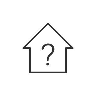 Soru işareti simgesi olan ev. Sorunlu ev tabelası. Sahipsiz veya kamu malı sembolünün yasallaştırılması. Vektör beyazda izole edildi