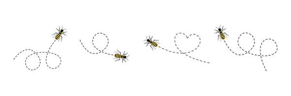 Conjunto Iconos Abeja Abeja Volando Una Ruta Punteada Ilustración Vectorial — Archivo Imágenes Vectoriales