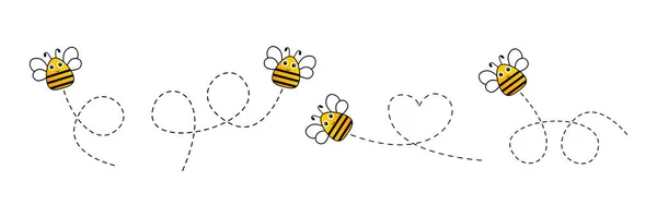 蜂のアイコンセット 蜂の点々としたルートを飛んでいる 白い背景に独立したベクターイラスト — ストックベクタ