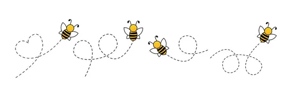 Ensemble Icônes Abeilles Abeille Volant Sur Une Route Pointillée Illustration — Image vectorielle