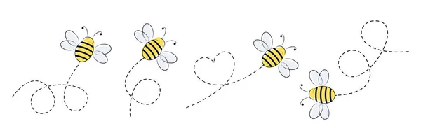 Ensemble Icônes Abeilles Abeille Volant Sur Une Route Pointillée Illustration — Image vectorielle