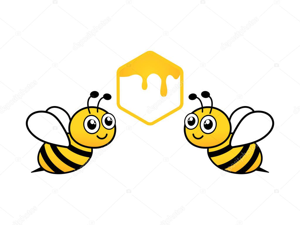 Cute bees with honeycomb. Bee character with sweet food. Vector illustration isolated on white