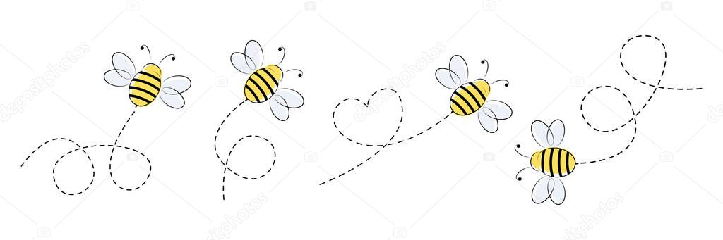 Bee icon set. Bee flying on a dotted route. Vector illustration isolated on the white background.