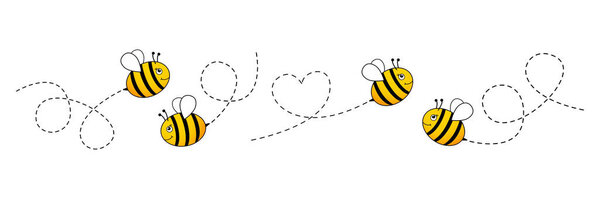 Набор иконок из мультфильма. Пчела летит по пунктирному маршруту, изолированному на белом фоне. Векторная иллюстрация.