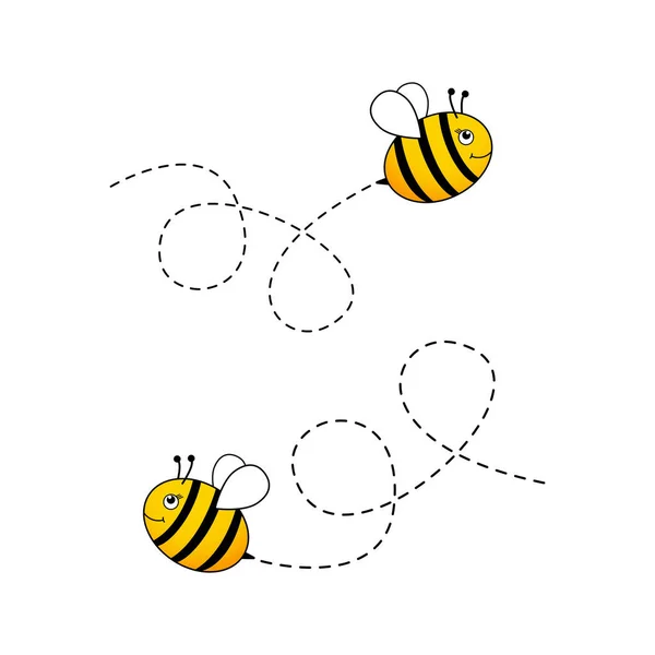 Bijen Karakter Leuke Vliegende Bijen Met Stippelroute Vector Tekenfilm Insecten — Stockvector