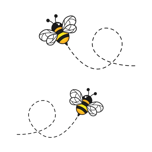 Arı Karakteri Noktalı Güzergahı Olan Sevimli Uçan Arılar Vektör Karikatür — Stok Vektör