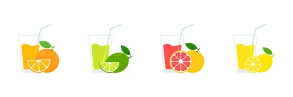 Fruchtsaftcocktails Gläsern Kollektion Orangen Grapefruit Zitronen Und Limettengetränke Set Kalte — Stockvektor