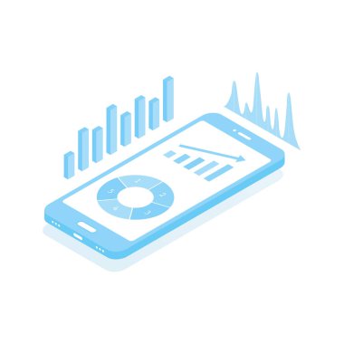 Cep telefonu ve analiz bilgileri. Akıllı telefondan iş grafiği ve diyagramı. Vektör beyazda izole edildi