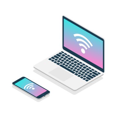 Laptop ve akıllı telefon izometrik tarzda. Wi-Fi işaretli taşınabilir 3D cihazlar. Dijital kablosuz teknoloji kavramı. NFC kablosuz iletişim. Modern bilgisayarı cep telefonuyla aç. Vektör izole edildi