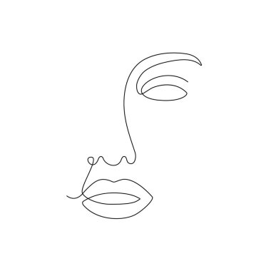 Kadın tek çizgi çiziyor. Minimalizm sanatı. Bir kadın portresi. Beyaz arkaplanda sürekli çizgi vektör çizimi izole edildi