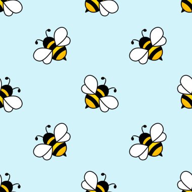 Arıların kusursuz bir geçmişi var. Mavi arka planda uçan tatlı arılar. Vektör çocuk illüstrasyonu