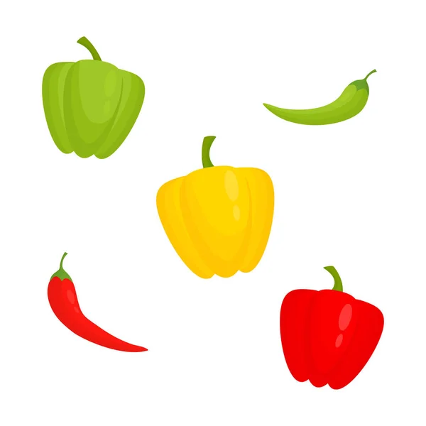 Pimientos Icono Conjunto Verduras Frescas Pimiento Rojo Amarillo Verde Vegetales — Vector de stock