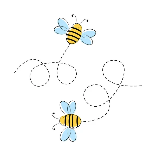 Latające Pszczoły Słodkie Pszczoły Kropkowaną Trasą Ilustracja Wektora Kreskówki Owada — Wektor stockowy