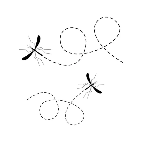 Conjunto Ícones Mosquito Mosquitos Voando Uma Rota Pontilhada Ilustração Vetorial — Vetor de Stock