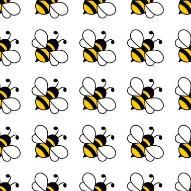 Çizgi film arıları kusursuz desen. Beyaz arka planda uçan arı. Vektör illüstrasyonu.