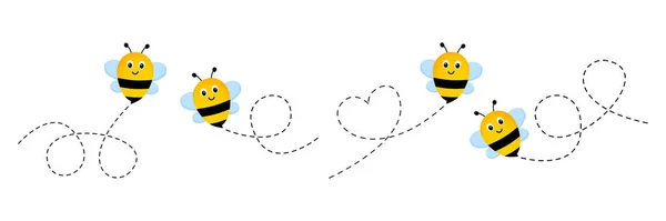 Набор Иконок Мультфильма Пчела Летит Пунктирному Маршруту Изолированному Белом Фоне — стоковый вектор