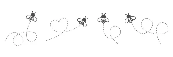 Милі Бджоли Пунктирною Лінією Маршруту Векторні Ілюстрації Ізольовані Білому — стоковий вектор