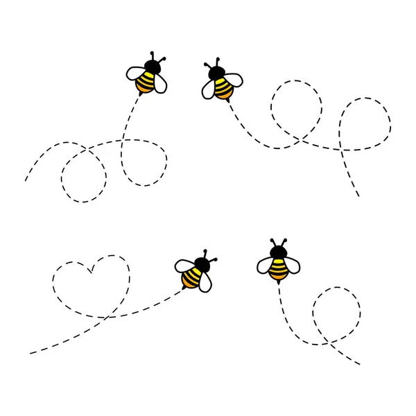 Słodkie Pszczoły Kropkowaną Linią Trasy Zestaw Ilustracja Wektora Izolowana Białym — Wektor stockowy